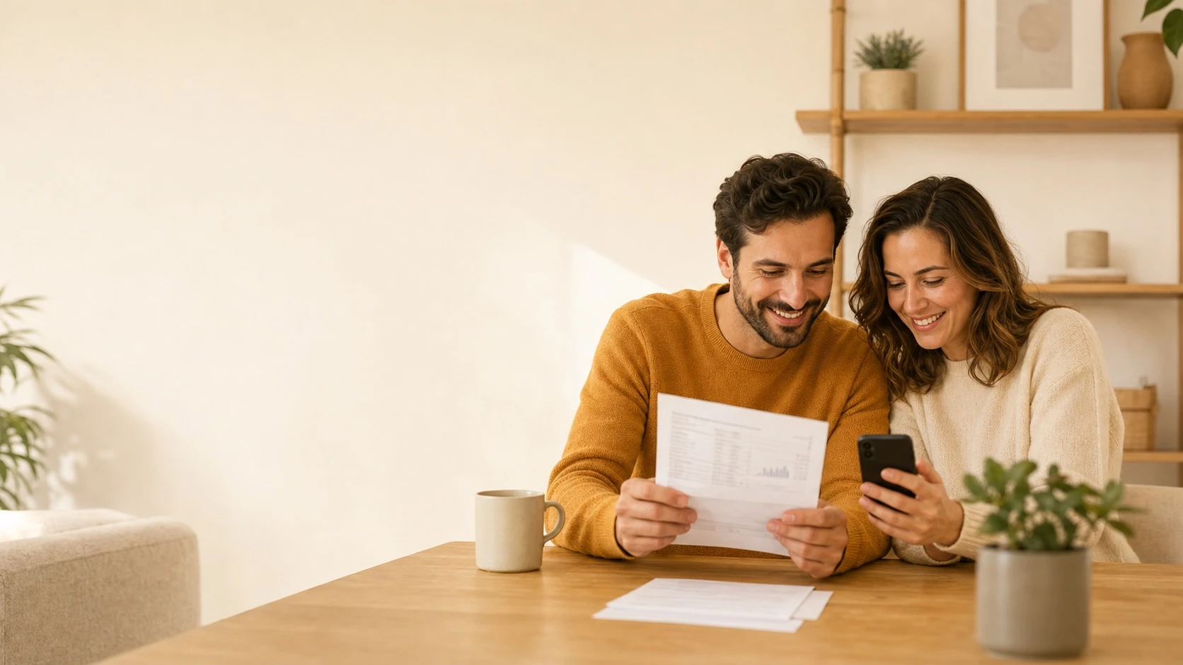 Personas revisando una factura de luz con una recomendación de ahorro